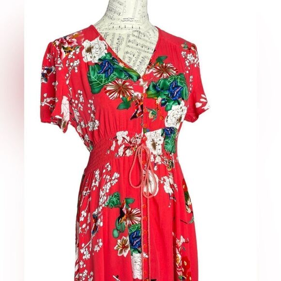 Floral Button Up Maxi Dress Red Elastic Waist L - Picture 3 of 8